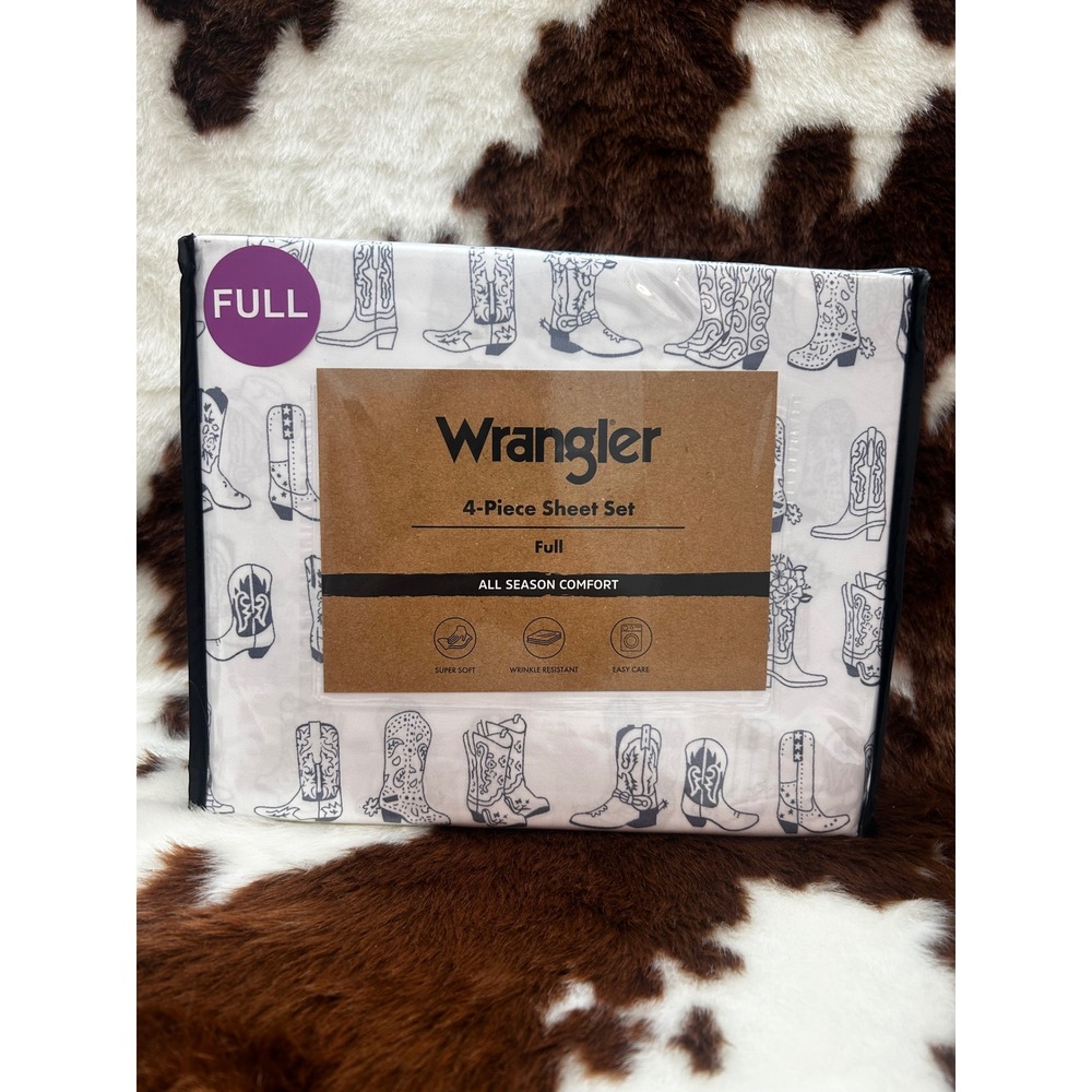 Wrangler Full 4-Piece Sheet Set Cowboy Boot Print White Navy Blue‎